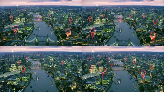 伦敦的本地化图标。一个智慧和未来城市的鸟瞰图。著名的桥梁和建筑。完美地说明概念:数据通信，人工智能，