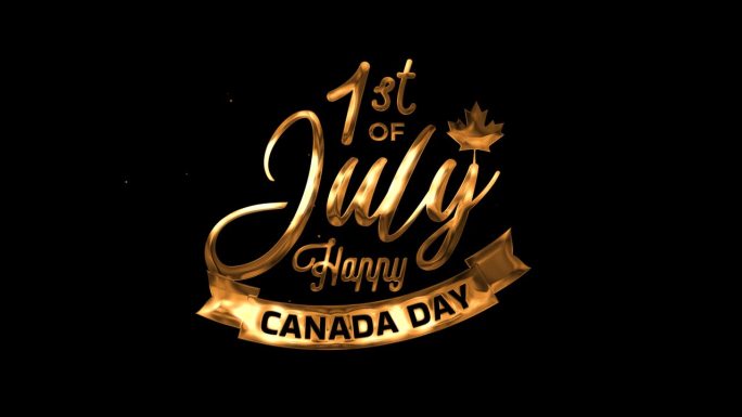 快乐加拿大国庆日7月1日文字动画在黑色背景上的金色alpha通道