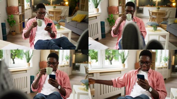 一个非洲裔美国人，一边喝着咖啡，一边用手机上网，一边在课间休息