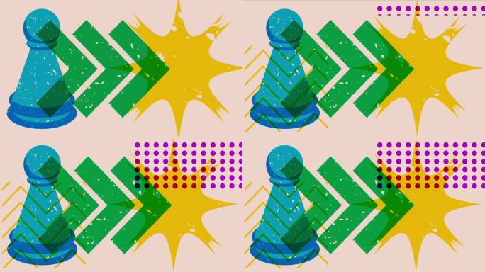 色彩缤纷的棋子，具有几何形状的棋子图解风格的动画。