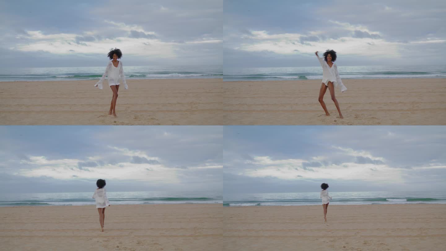 微笑的女人在海边奔跑。欢快的黑头发女孩跳舞投掷