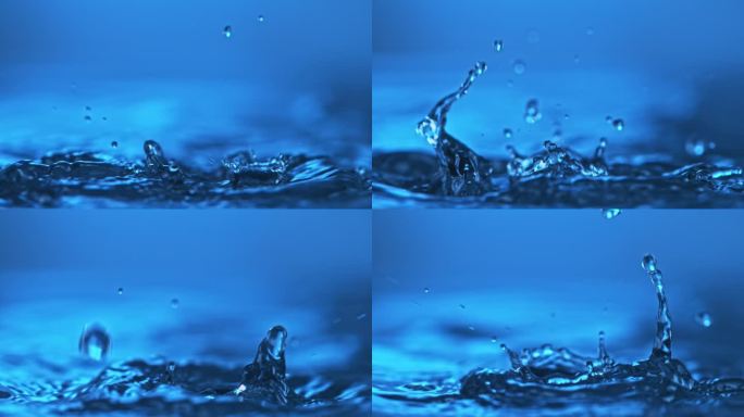 蓝色背景下，水滴落入水中时，波涛汹涌的水面