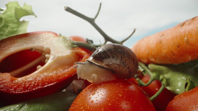 蓝天下散落的蔬菜，蜗牛坐在西红柿上，特写。