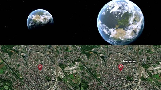 梅赫伦城市地图从太空缩放到地球，比利时