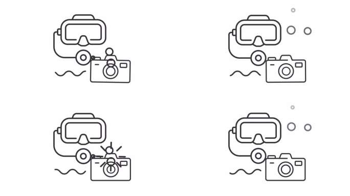 潜水员用相机在水下拍照的黑色图标动画，透明背景高清视频，无缝循环4K视频，海洋工业