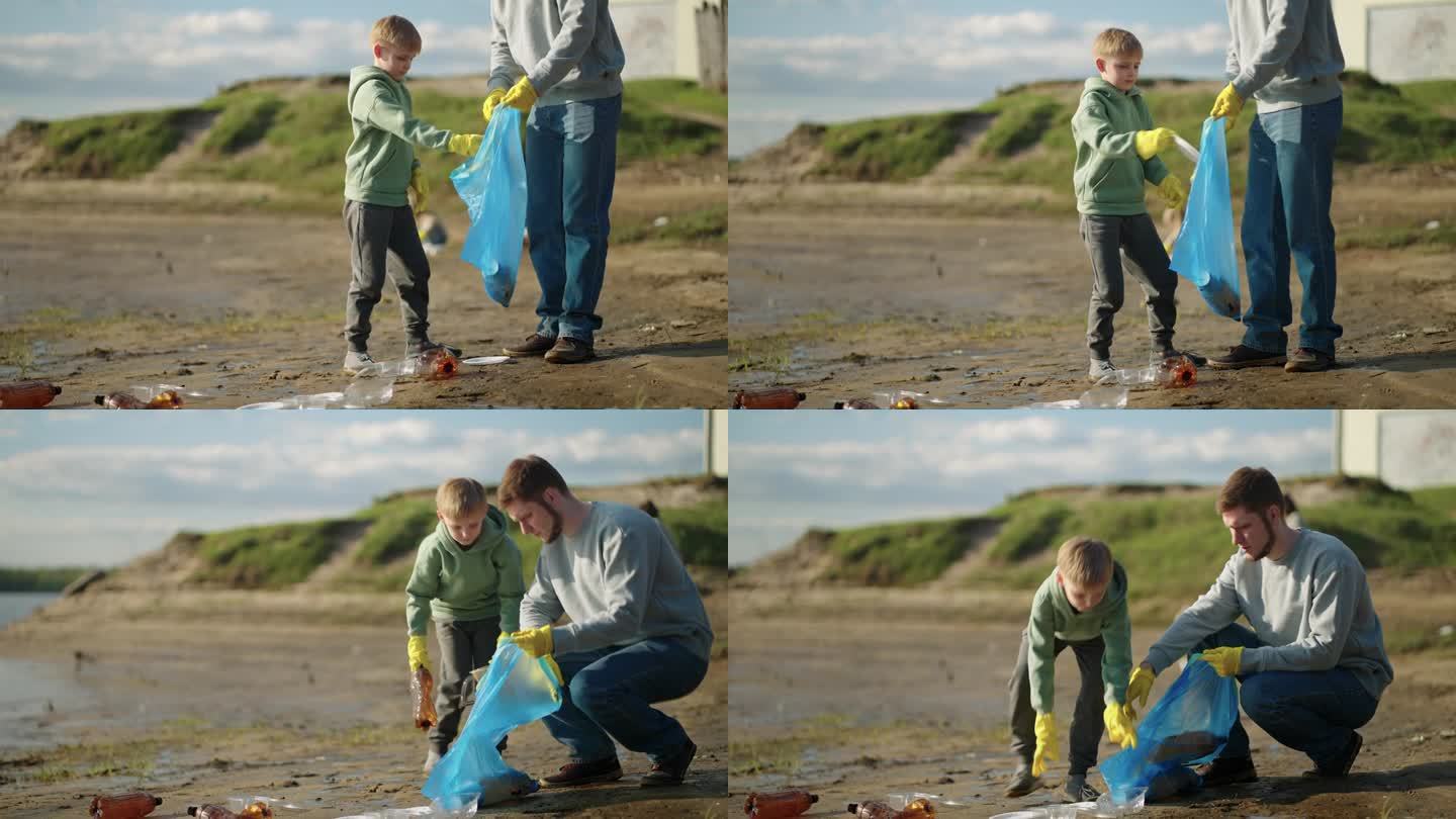 环保意识，成人和儿童从河岸收集垃圾，爱护生态