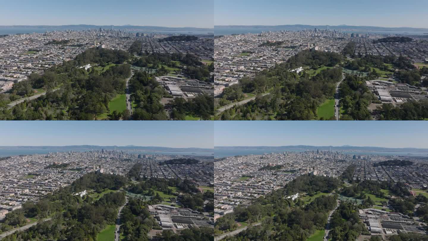 大都市的航拍全景镜头。在阳光明媚的日子里，从金门公园俯瞰大城市。美国加州旧金山