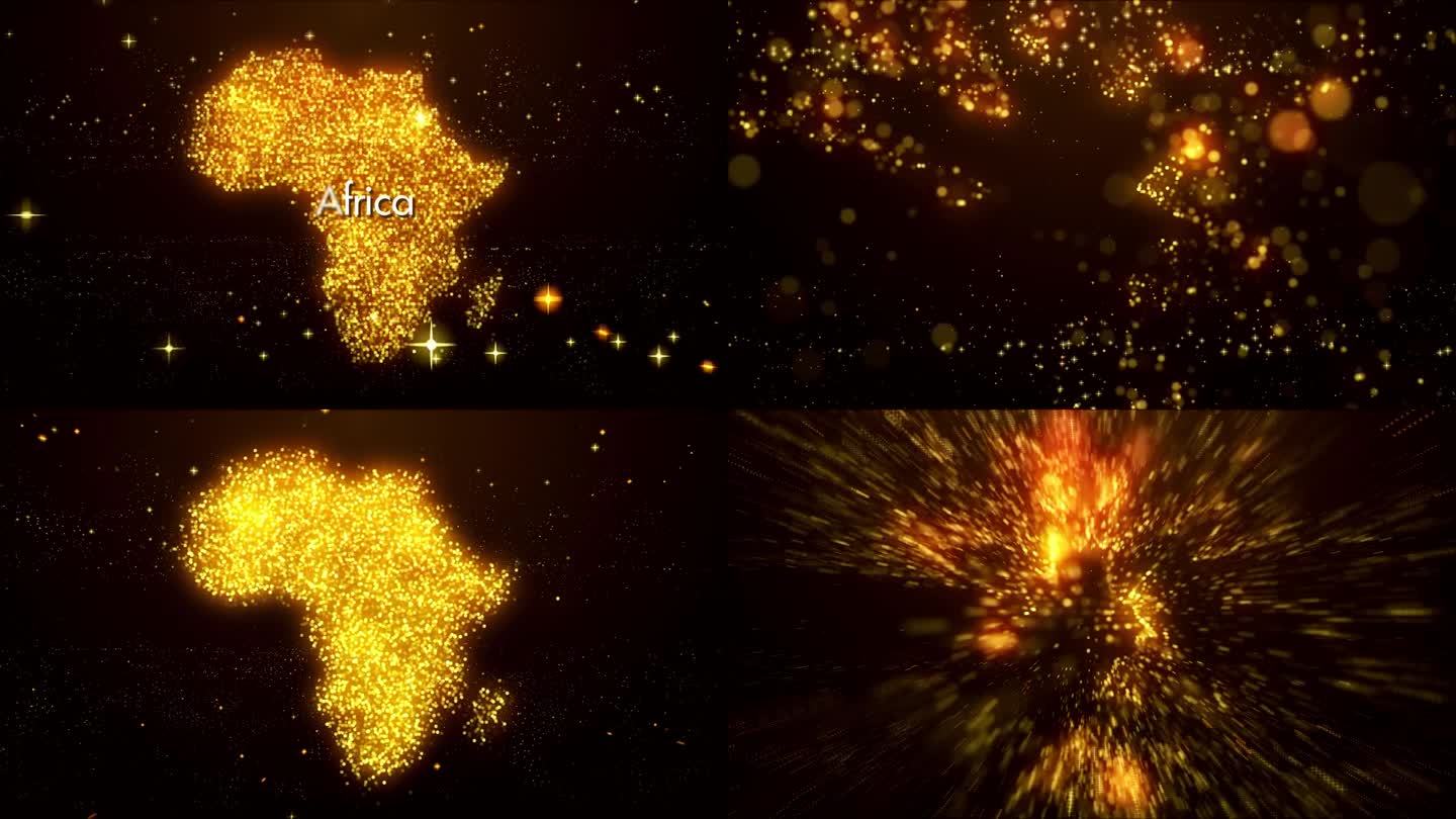运动揭示金橙色发光闪亮模糊焦点数字星形点马赛克粒子非洲地图w.o标签文本