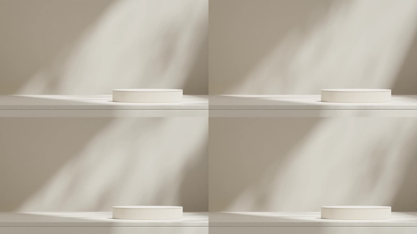 3d素材渲染空白的白色模型和陶瓷纹理圆柱体平台循环阴影动画无缝与自然纹理墙