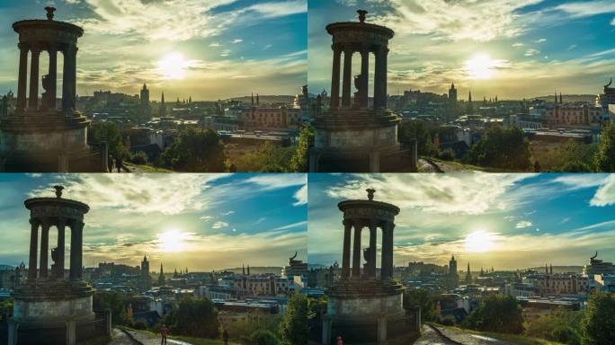 英国苏格兰，日落时分，爱丁堡城、钟楼和旅游业的延时鸟瞰图