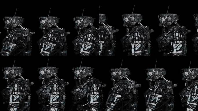 机器人小队，半机械人，同步运动，跑步运动，背景音乐，3d渲染