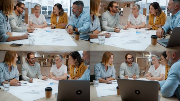业务团队会议:设计架构师围坐在桌子旁讨论蓝图