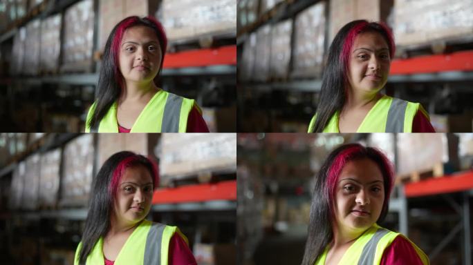 在仓库工作的残疾年轻妇女的肖像