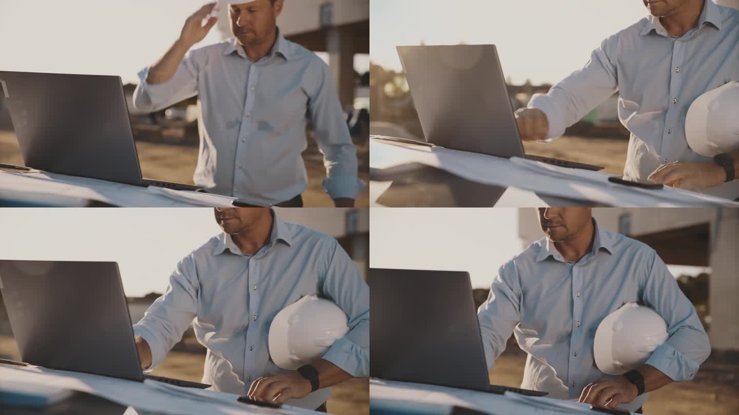 男工程师检查图纸，在工地用笔记本电脑