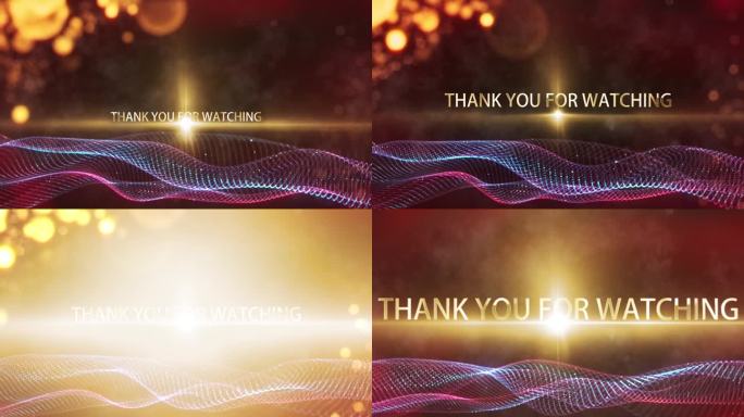 感谢您观看辉光金光运动文本科学技术未来的3D电影标题与数字粒子波和耀斑光爆发的背景