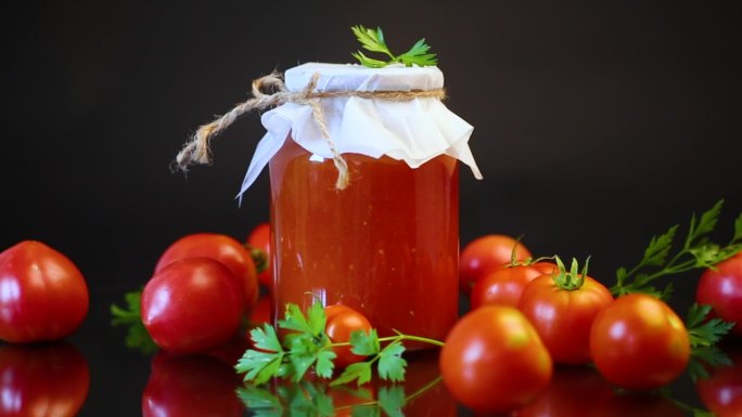 煮熟的自制番茄汁，装在天然番茄罐中。