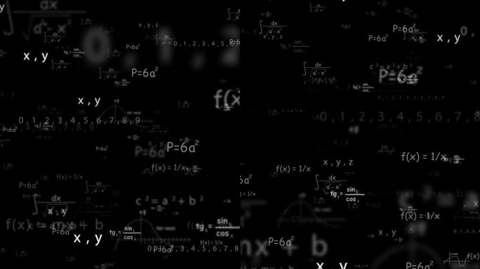 数学公式和图纸在无缝的黑白循环中飞行