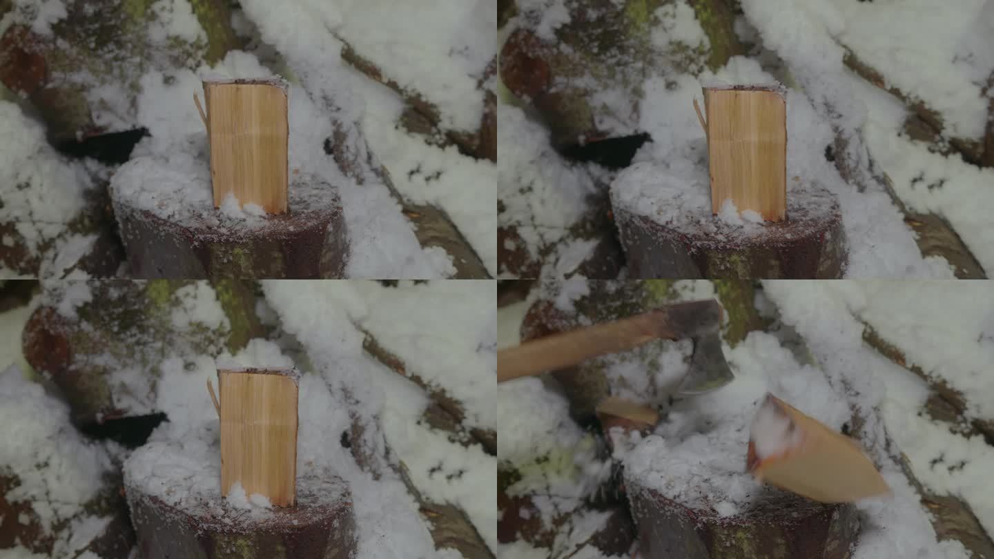 在冬天用斧头劈木头的特写