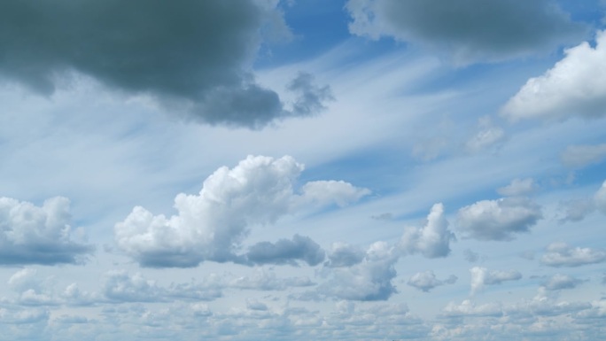 美丽的白色积云和卷云或卷层云。缓慢移动的白色卷层云景观。间隔拍摄。