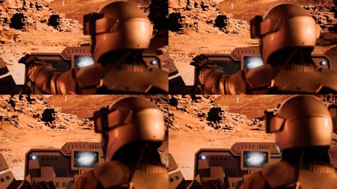 火星表面探测。宇航员驾驶着带有未来控制屏幕的火星探测器在崎岖的地形上行驶