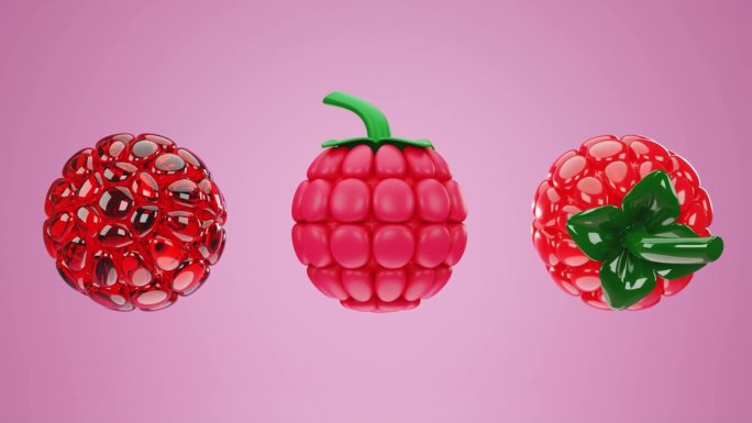 三维渲染覆盆子在各种材料，晶体，果冻和纯色，热带水果浆果