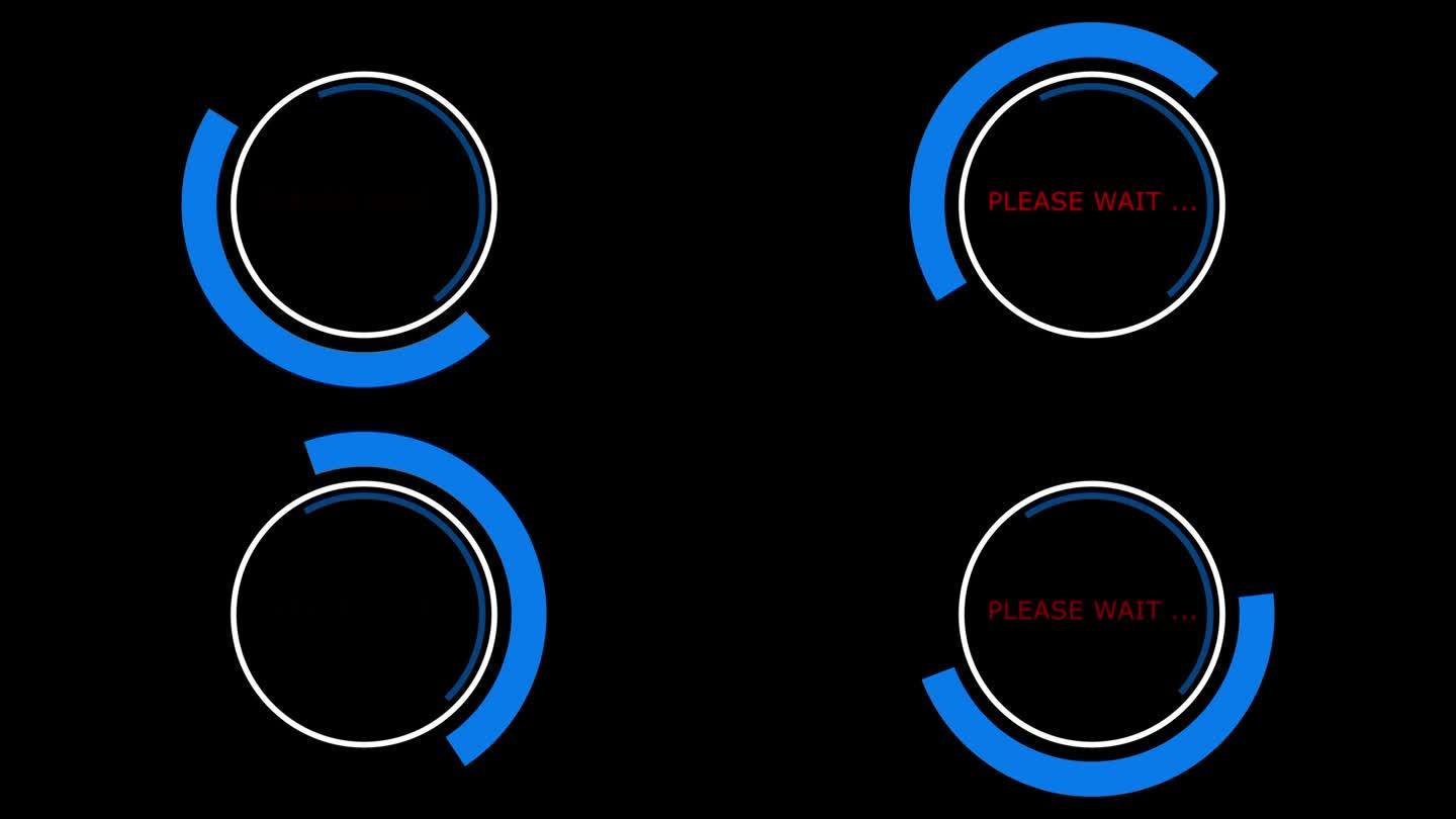闪烁着“请等待”字样的旋转圆圈和半圆。软件程序更新在一个圆圈在黑色的背景。加载圆圈图标循环。现代的预