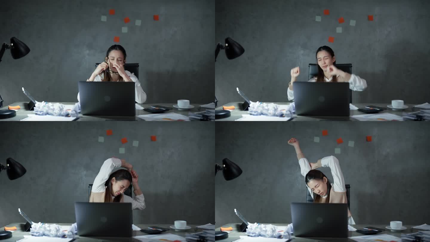 亚洲年轻成年女性，长时间盯着笔记本电脑屏幕后眼睛干涩疲劳。