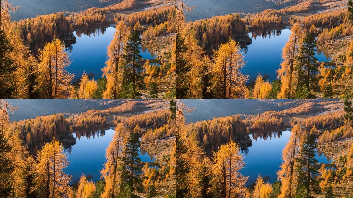 秋天美丽的山间湖的清晨美景