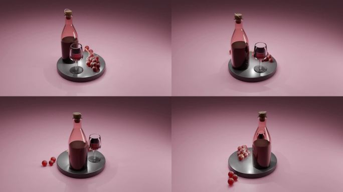 红酒、葡萄、葡萄串在金属板上的3D渲染，带有酒瓶和酒杯
