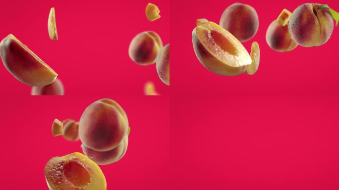飞桃和桃子片在紫红色的粉红色背景