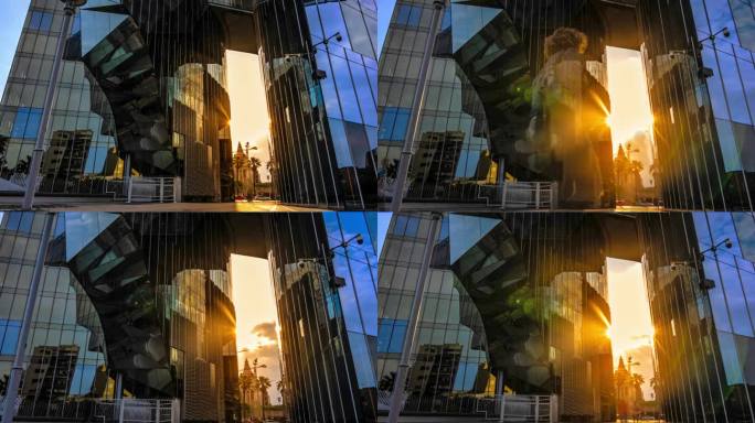 巴塞罗那的镜像奇迹。间隔拍摄魔法。现代办公建筑外观