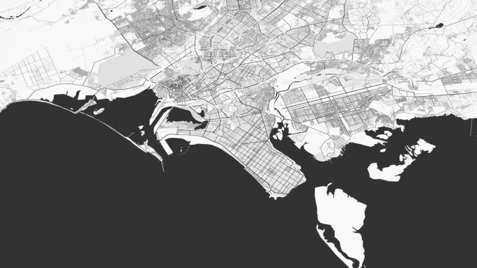 黑白卡拉奇地图背景循环。巴基斯坦城市上空盘旋的画面。无缝全景旋转在市中心的背景。
