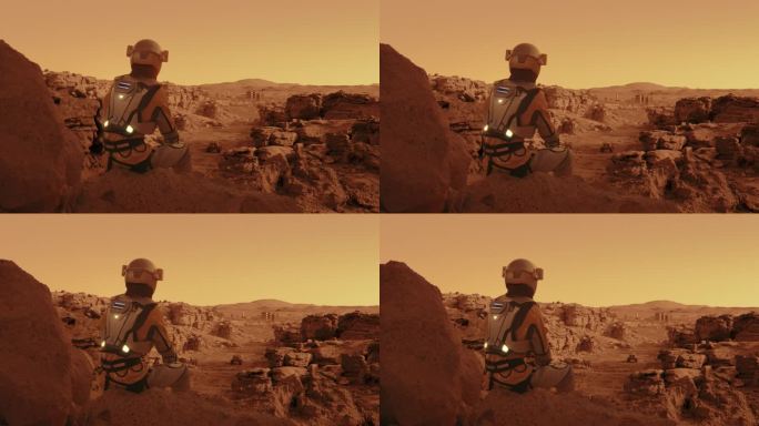 戴着泰国国旗的宇航员。独自坐在火星表面