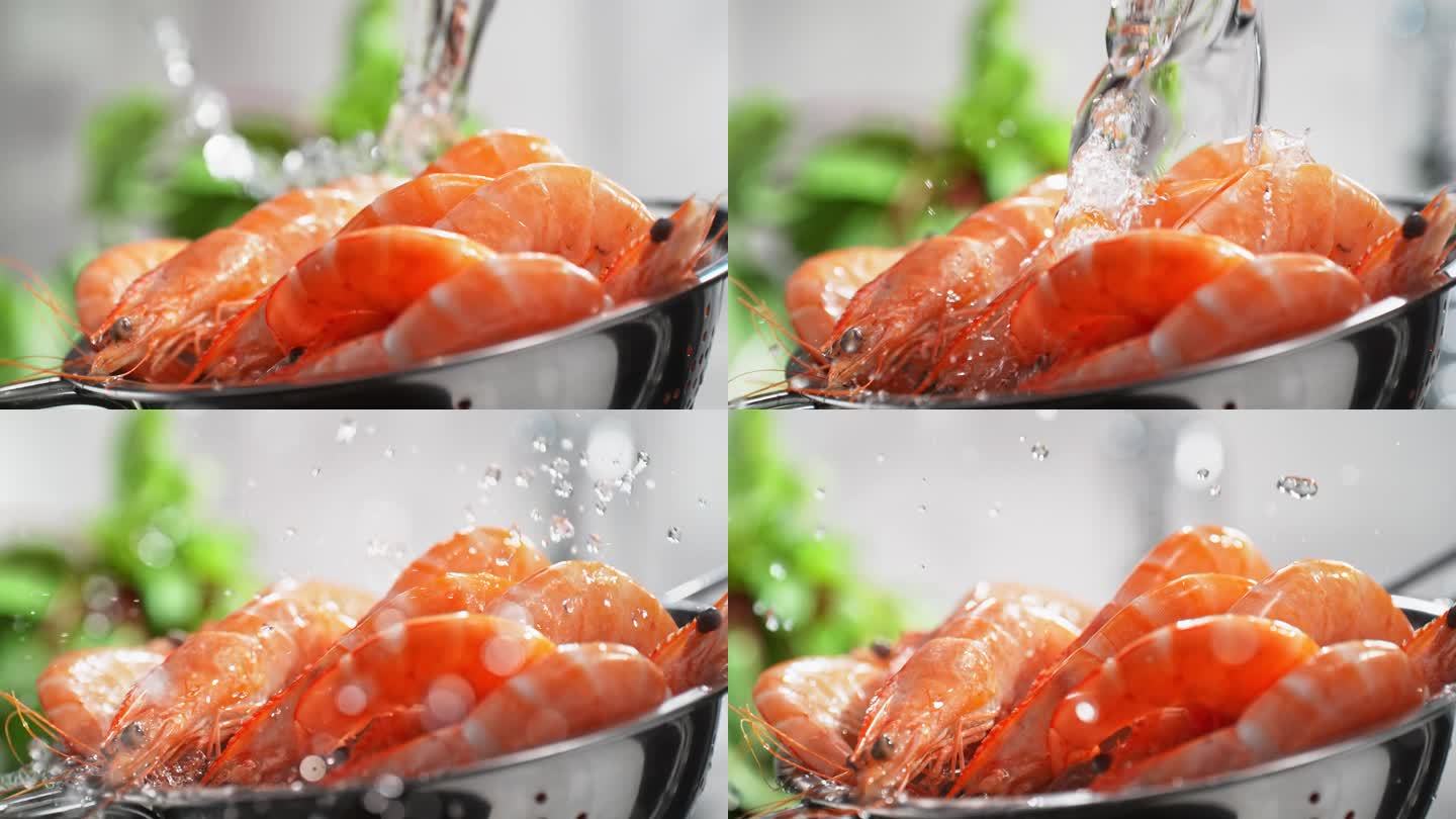 红虾(预煮和焯水)用滤器在流动的溅水下慢动作冲洗