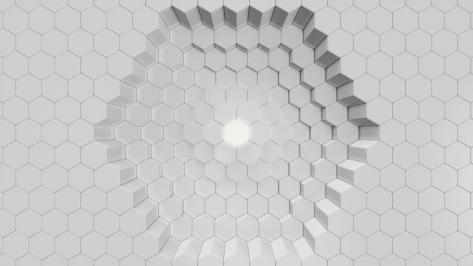 动画的白色几何六边形抽象背景。多边形表面以发光六边形为中心，六边形蜂窝。未来的抽象背景业务演示。毛圈