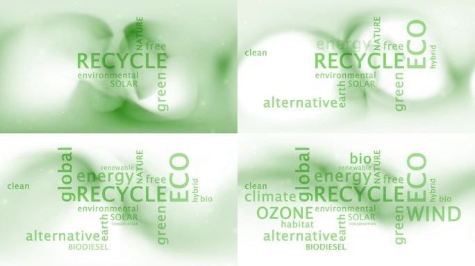 生态概念回收绿色字云动画。概念绿色洁净环境复制空间背景。