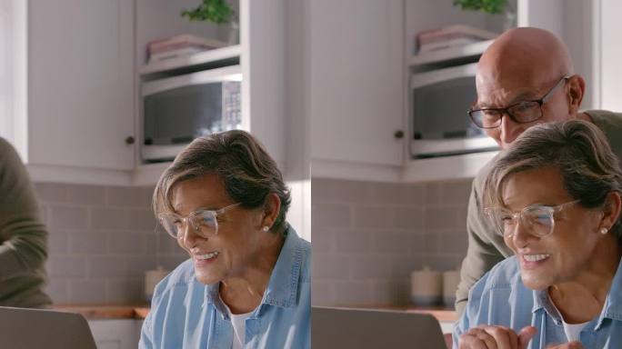 老年夫妇，在家里用笔记本电脑和视频通话，挥手，亲吻，兴奋地联系，交谈或聊天。男人，女人和退休与电脑，