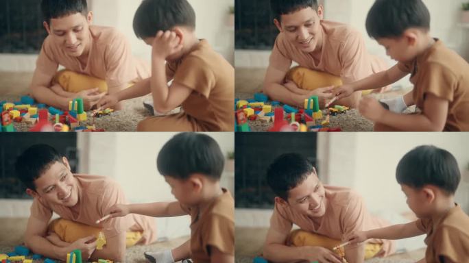 温馨的快乐时刻:亚洲父亲和儿子在舒适的客厅里玩耍。