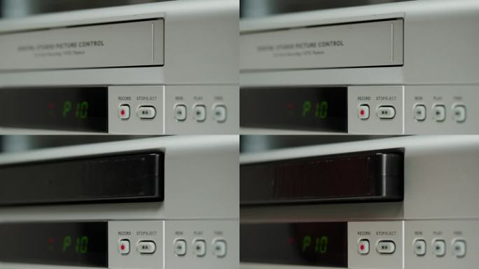 旧录像机的特写，VHS。复古播放器，老式录像带广播，录音带。