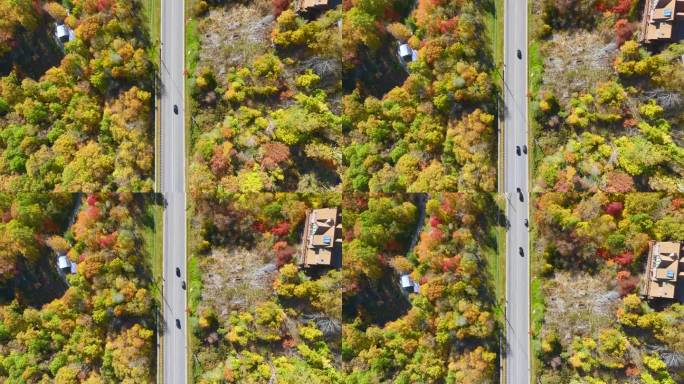 从北卡罗莱纳州的国家高速公路上俯瞰，穿过阿巴拉契亚山脉，黄色的秋天树林和快速移动的卡车和汽车。州际运