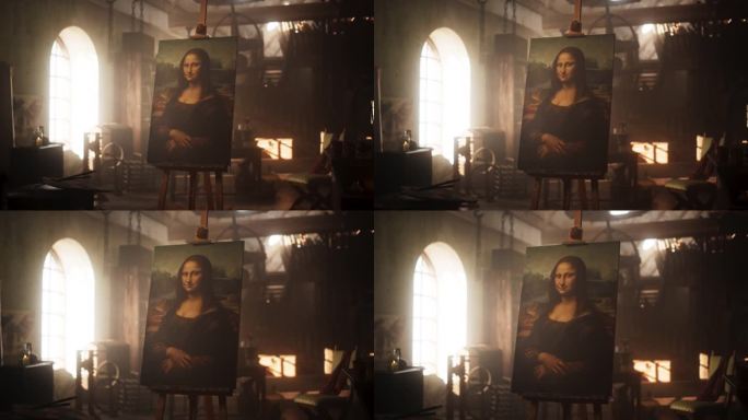 慢变焦呈现著名的蒙娜丽莎在一个旧的艺术工作室的架子上休息。充满灵感的文艺复兴创意空间内的温馨氛围
