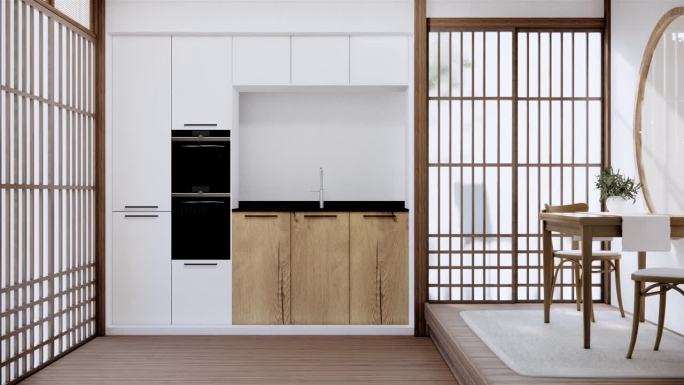 日本风格的空房间，以白墙和木板墙装饰。三维渲染