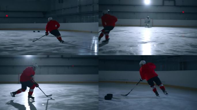 令人印象深刻的视频，一名身穿红色球衣的冰球运动员在溜冰场上努力训练，熟练地避开障碍物并得分