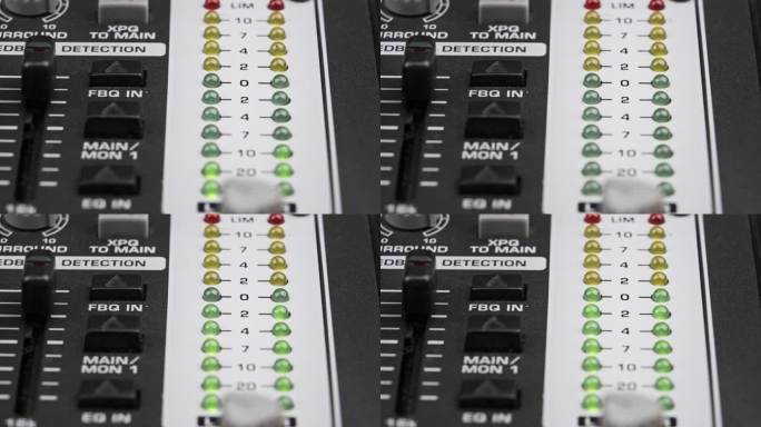 脉动声级调音台上立体声LED指示灯的微距镜头
