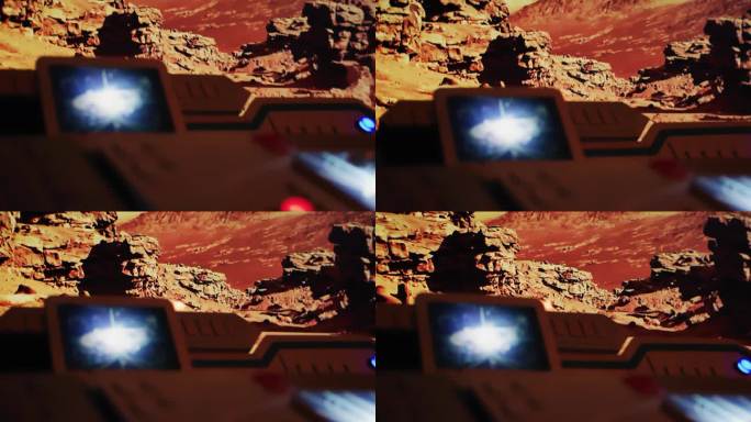红色星球火星表面探测。驾驶员的POV宇航员驾驶着一个带有未来控制面板的摇晃的火星探测器