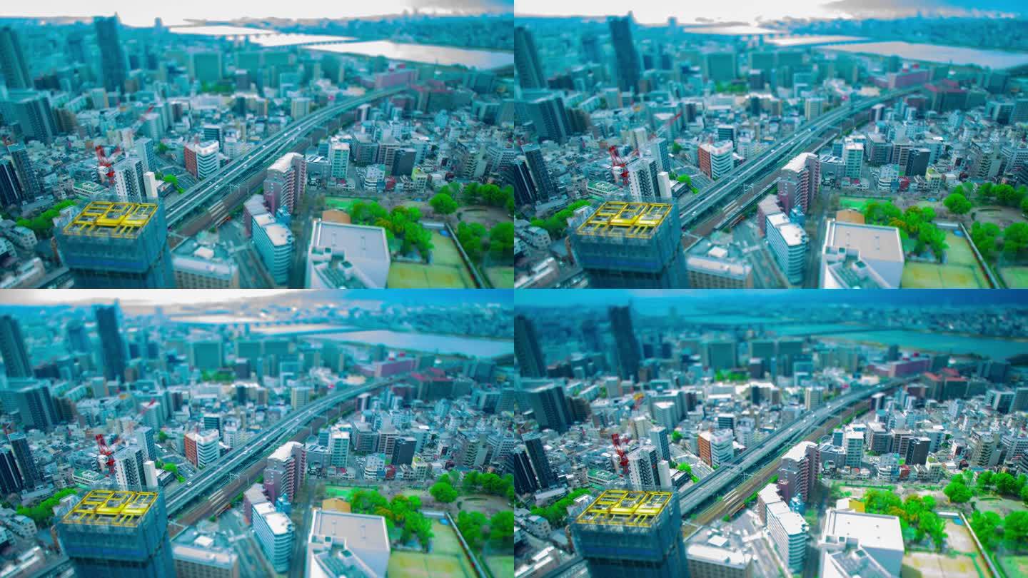 大阪Yodo河附近的微缩城市景观的延时镜头