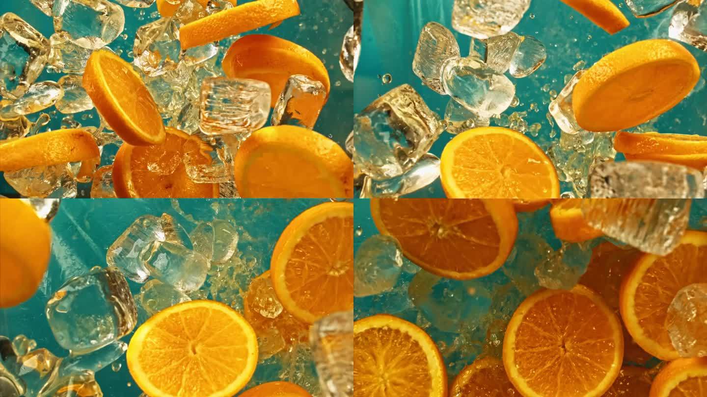 冷橙片，冰块和液体，蓝色背景。橙汁新鲜水果，冰块和滴多汁或酒精饮料或柑橘饮料或摇汽水泼倒在超级慢动作