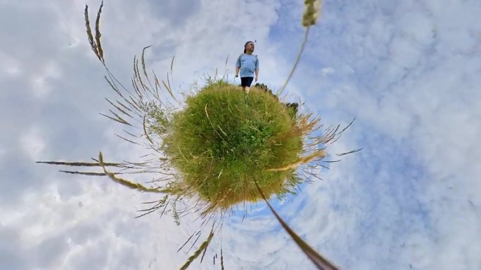 中年男子走在夏天的田野，世界变形。小行星格式