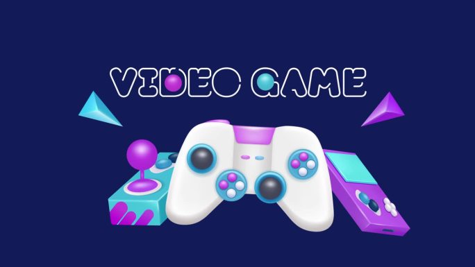 电子游戏，3d动画。白色游戏手柄，用于游戏，文本，口袋控制台和街机操纵杆。孤立在深紫色的背景