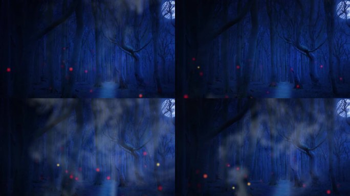 鬼森林与雾和明亮的幽灵光动画在满月之夜，深蓝色的自然背景与复制空间万圣节或元宵节或月光派对